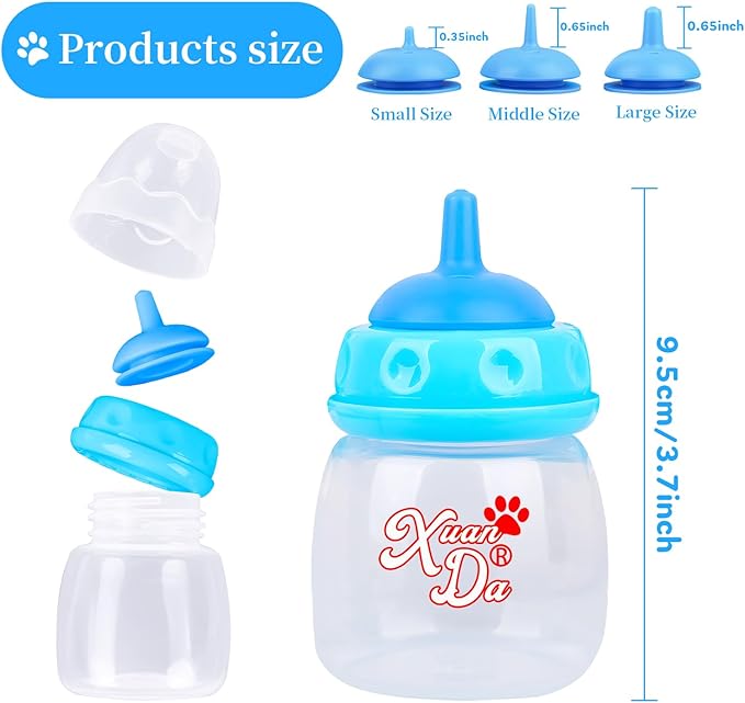 Pet Feeding Bottle,3 Pack 60ml Nursing Bottle, 3 Sizes Nipples with Ventilation Valve Resistant Tearing Perfect for Puppies, Kittens, Small Wildlife（Blue）
