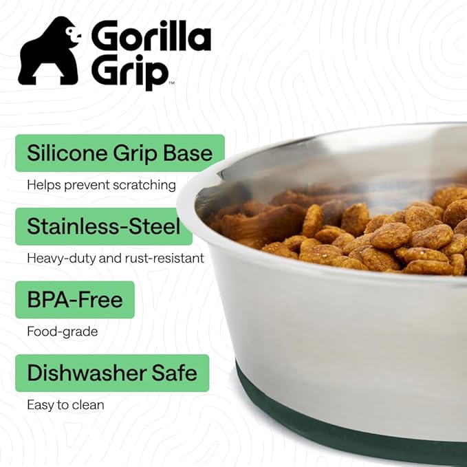 GORILLA GRIP Dog Bowls, Food Grade 304 Stainless Steel, Holds 2 Cups Each (16 fl oz) Food and Water Bowl for Feeding Dogs and Cats, Dishwasher Safe, Rust Resistant, BPA Free Rubber Base Set of 2 Green