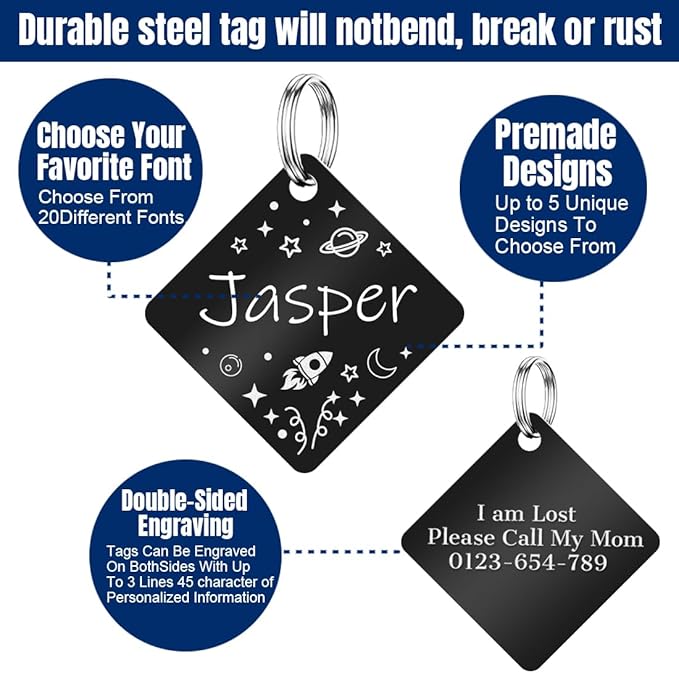Personalized Dog Tags and Cat Tags, Stainless Steel Pet ID Tags, Collar Charm Engraved on Both Sides, up to 4 Lines of Custom Text, Various Patterns and Colors Options (Square)