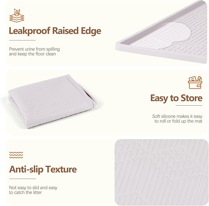 Large Cat Litter Mat with Toy Ball, 34'' x 22'' Silicone Cat Litter Trapping Mat for Scatter Control, Soft on Kitty Paws, Easy to Clean (White)