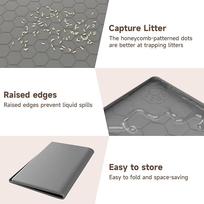 Pawinner Cat Mat for Litter Box, 40" X 28" Large Silicone Cat Litter Trapping Mat, Waterproof Kitty Litter Mat, Urine-Proof, Easy to Clean, Non-Slip Kitty Scratch Pad for Floor(Gray)