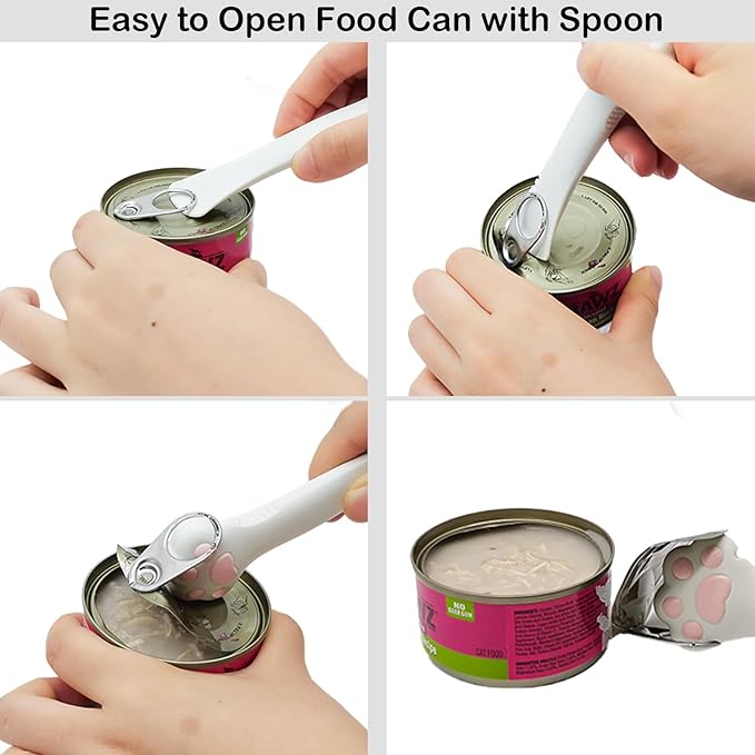 Cat Food Can Covers Lids & White Spoon, Pink/Orange/Sky Blue Lids, Can Covers for Dog/Cat Food Cans, Fit 3 Standard Size Pet Food Cans, Spoon with Opener Paw & Mini Spatula
