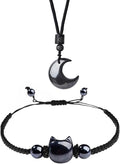 Black Obsidian Cat Bracelet and Moon Pendant Necklace Jewelry Set-Cat Lover Gifts,Wealth Attraction,Good Luck,Bead Bracelet,Mindfulness,Beaded Bracelets, Obsidian Pendant Necklace-Cute Gifts for Women