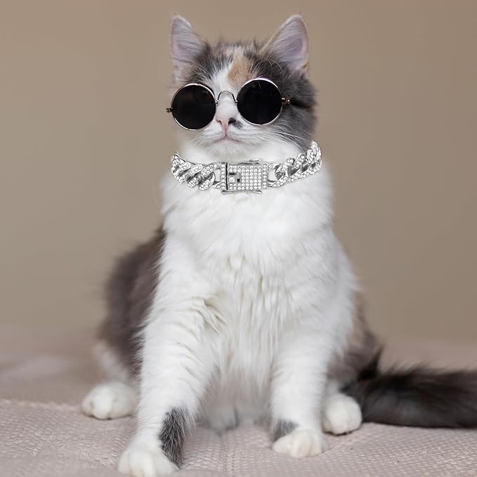 Amabro Diamond Cat Chain Collar, Metal Cuban Link Dog Collar with Secure Buckle Cat Pet Necklace Chain Pet Collar Jewelry Accessories for Small Medium Dogs Cats Puppy Kittens (Silver, 10 inch)