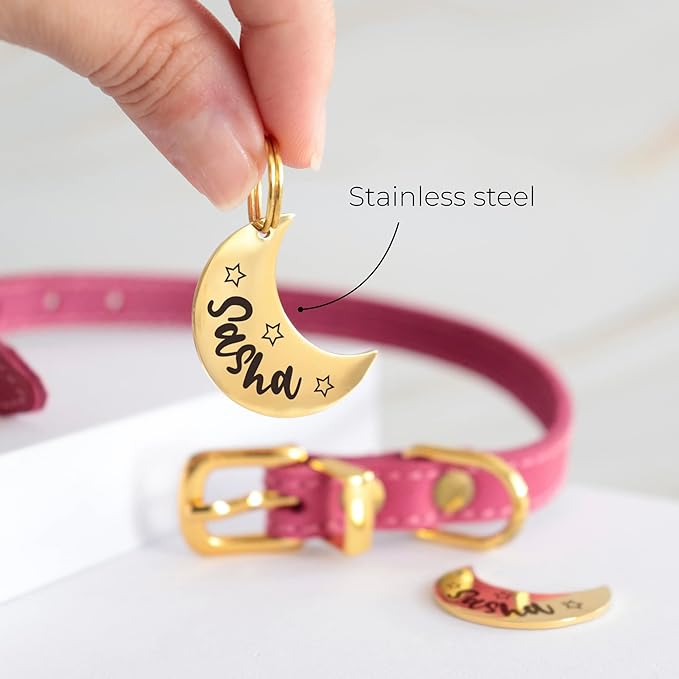 Custom Moon Pet Tag ID, Personalized Stainless Steel Cute Shiny Bling Stars Collar Tag Lost Boy & Girl Dogs Puppies Cats & Ring Engraved SOS Customizable with Owner Information Name, Phone, Address