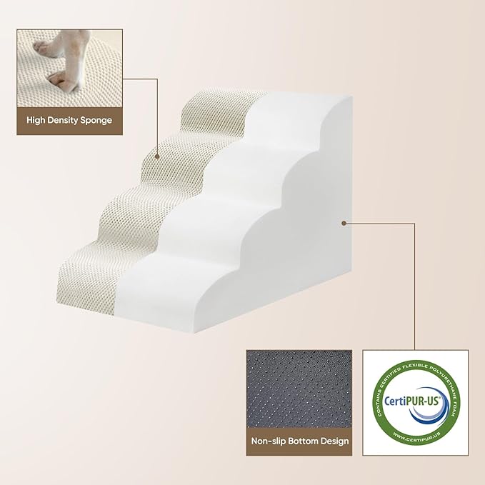 PAWSCART Dog Stairs for Small Pets, 15.7" H with 30D Material Soft Foam, Portable Ramp Non-Slip Surface Non-Slip for Couch and High Bed Climbing, 3-Step Stairs for Cat or Dog, Beige