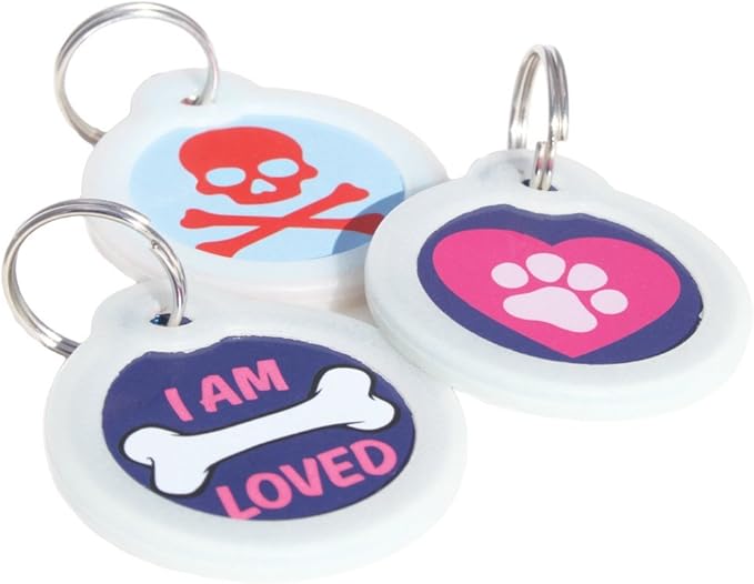 GoTags Unique Pet Tags, Personalized with 4 Lines of Custom Engraved ID, Silent Dog Tags with Glow in The Dark Silencer to Quiet Tag, Several Cute Tag Designs for Cat or Dog, (I Am Loved)