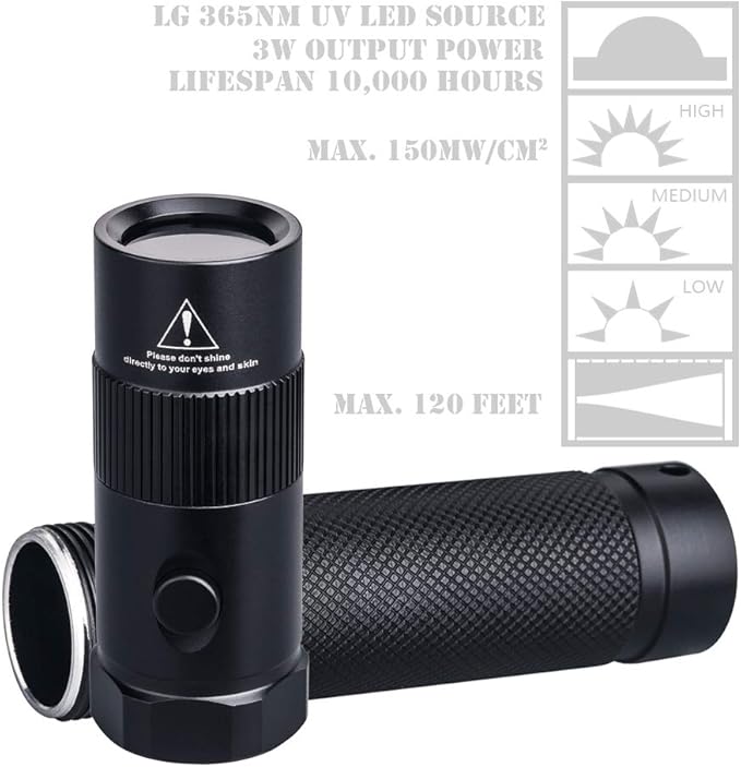 LIGHTFE Black Light Flashlight UV302 UV Flashlight 395nm Max.3000mW High Power for UV Glue Curing, Rocks and Mineral Glowing, Pet Urine Detector, AC Leak Detector