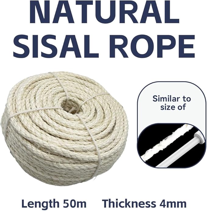 Natural Sisal Rope for Cat Scratcher Replacement, Durable Cat Tree Post Repair Cord for DIY Projects, Climbing Towers, Furniture Protection, Scratch Pad, Crafts, Garden, and Home Décor Use
