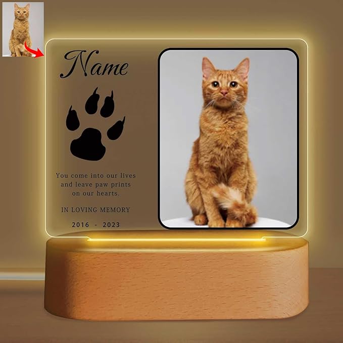 Personalized Pet Night Light Customized Dog Memorial Gift Picture Frame Acrylic Plaque Led Lamp Cat Sympathy Gift for Loss of Pet(Cat Paw)