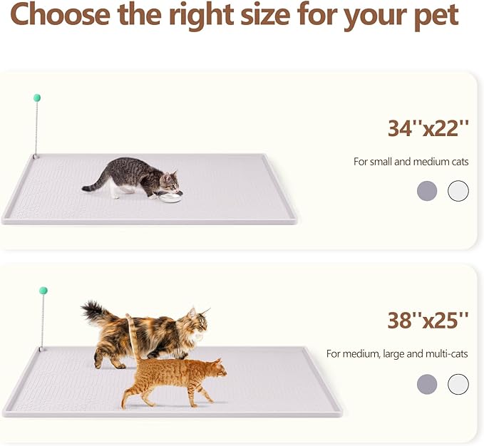 Large Cat Litter Mat with Toy Ball, 34'' x 22'' Silicone Cat Litter Trapping Mat for Scatter Control, Soft on Kitty Paws, Easy to Clean (White)