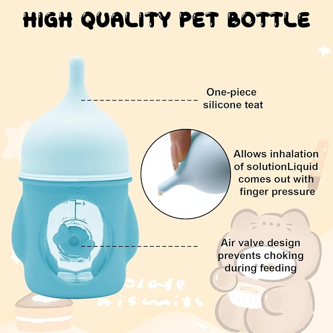 Pet Feeder Bottle Animal Feeding Bottles Kitten Bottles for Nursing Anti-Choking Design for Newborn Kittens Puppies Small Animals with 2 Pcs Replacement Nipple (Blue, 20 ml)