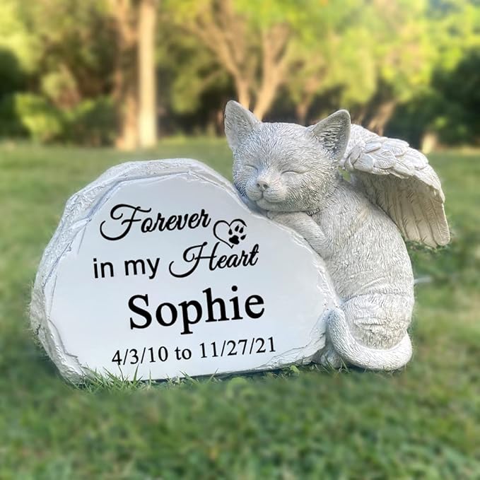 Personalized Pet Cat Memorial Stone with A Sleeping Cat Angel Statue, Cat Grave Markers, Cat Headstone Tombstone-Forever in My Hearts