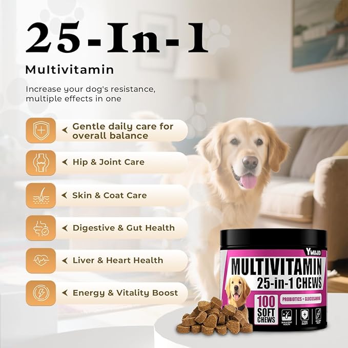 25-in-1 Dog Multivitamin Chewable with Probiotics,Dog Vitamins and Supplements Hip & Joints,Pets Immune Support,Skin,Coat,Heart,Gut Health Omega 3,Glucosamine for All Breeds Puppy,Adult & Senior Dogs