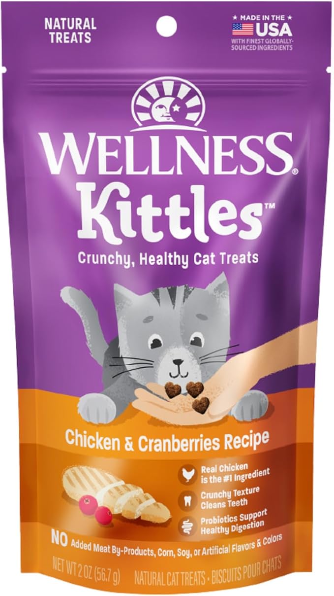 Wellness Kittles Crunchy Cat Treats, All Lifestages, Kitten to Senior, Natural, Grain Free, Chicken and Cranberry Flavor, 2 oz Bag