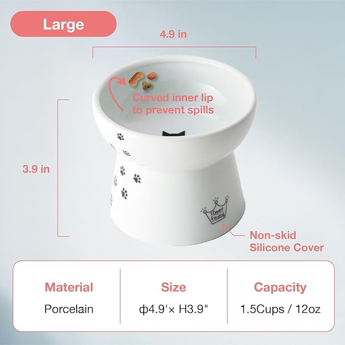 Necoichi Raised Cat Food Bowl – Ceramic Elevated Cat Bowl for Whisker & Neck Fatigue, Dishwasher Microwave Safe – Non-Slip & Anti Vomiting Ergonomic Design (Cats, Large, 2-Cup Capacity)