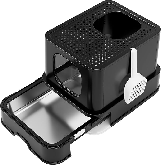 RIZZARI Stainless Steel Litter Box: Spacious Enclosed Design with Easy-Clean Drawer - Dual Entry with Top Exit and Door - Black Leak-Proof & Odor-Free Tray for Cats in Garage Basement