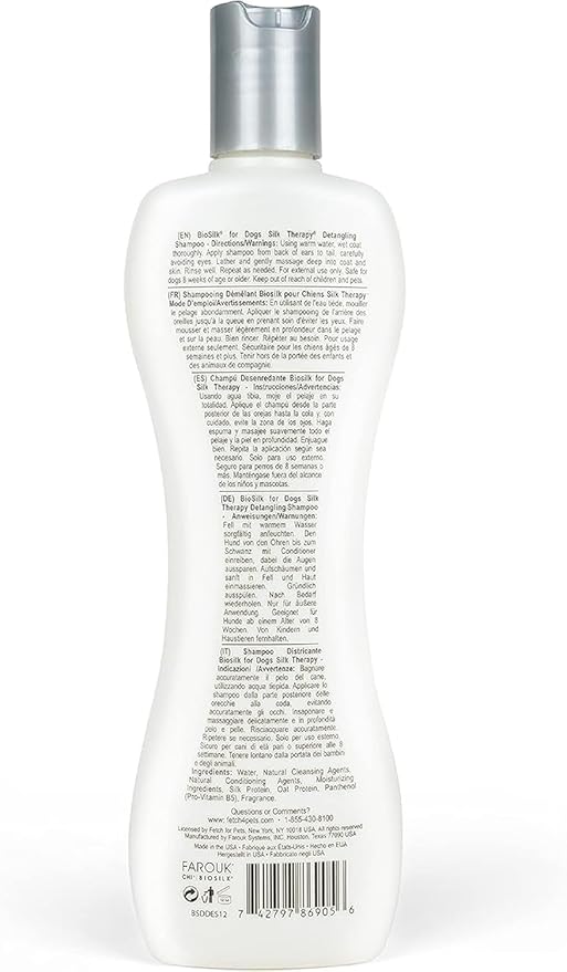 BioSilk for Dogs Silk Therapy Detangling Shampoo, Cleans and Moisturizes, Dematting Shampoo with Silk Proteins and Coconut Oil, No Parabens, pH Balanced, Made in USA, 12 Fl Oz - 2 Pack