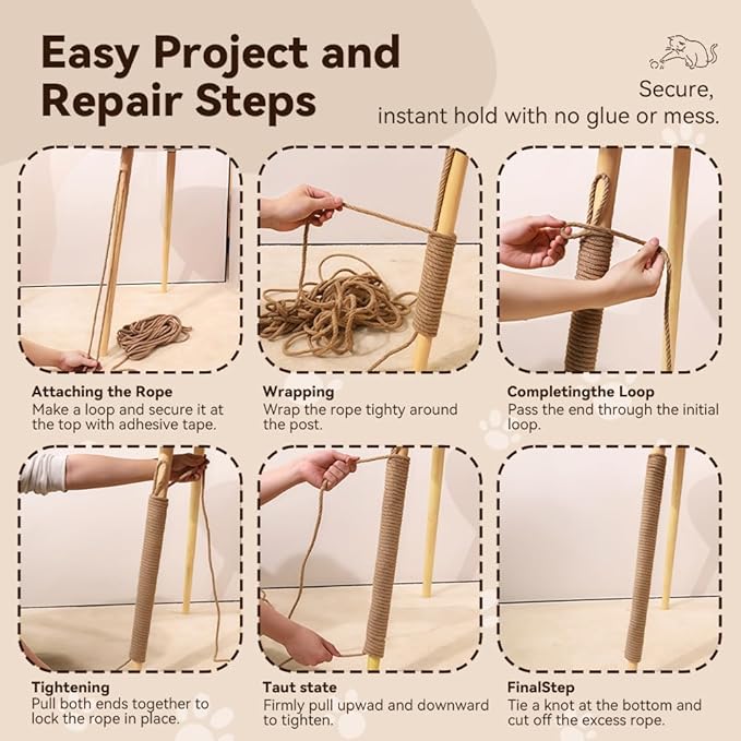 Natural Sisal Rope for Cat Scratcher Replacement, Durable Cat Tree Post Repair Cord for DIY Projects, Climbing Towers, Furniture Protection, Scratch Pad, Crafts, Garden, and Home Décor Use