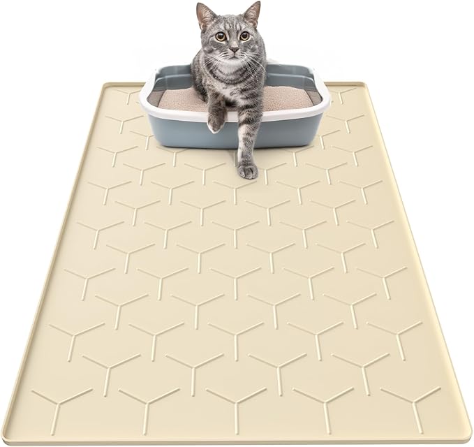 Silicone Cat Litter Trapping Mat, Large Waterproof 34" X 22" Cat Litter Box Mat, Easy to Clean, Beige