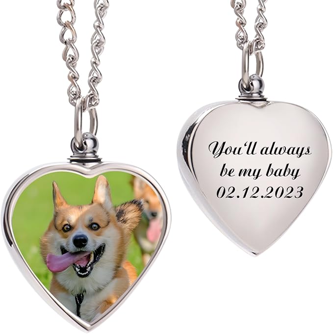HJX Custom Dog Urn Necklaces for Ashes - Personalized Pet Cremation Jewelry for Ashes,Double-Sided Custom with Text Picture Memorial Gift for Pet Dogs Cats Ashes Necklace (Heart-1)