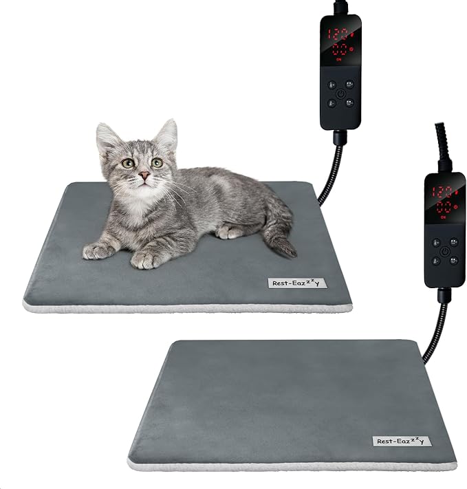 Rest-Eazzzy Heating Pad, Heated Cat Bed with Removable Cover, 5-Level Timer & Temperature, Indoor Warming Mat for Cats & Dogs (Pure-Grey, 2pcs)