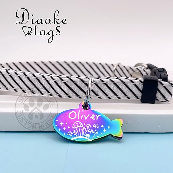 Stainless Steel Cat ID Tag Personalized Pet Tags with up to 4 Lines of Custom Text, Small Pet Mini Dog Cat Tag Lightweight, Engraved on Both Sides, Multiple Patterns Colors Size Options (Fish Pattern)