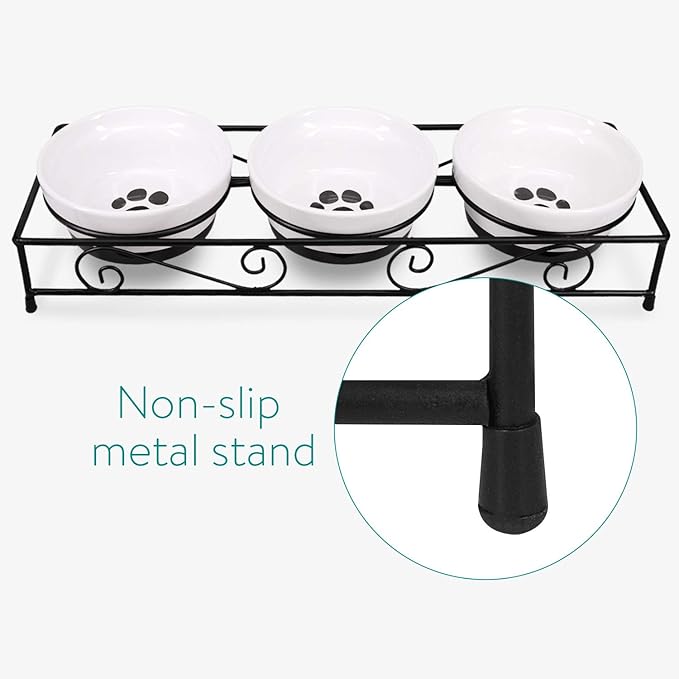 Navaris Ceramic Pet Bowl Set - Small Dogs, Puppies, and Cat Food Bowl with Non-Slip Retro Metal Stand - Dog or Cat Bowls for Indoor Cats and Dogs - Set of Bowls, 10.8 oz Each