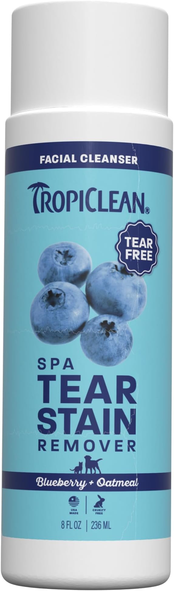 TropiClean SPA Tear Stain Remover for Dogs | Blueberry Facial Shampoo | Odor Eliminator | Tearless | Whitening and Brightening | Made in USA | 8oz.