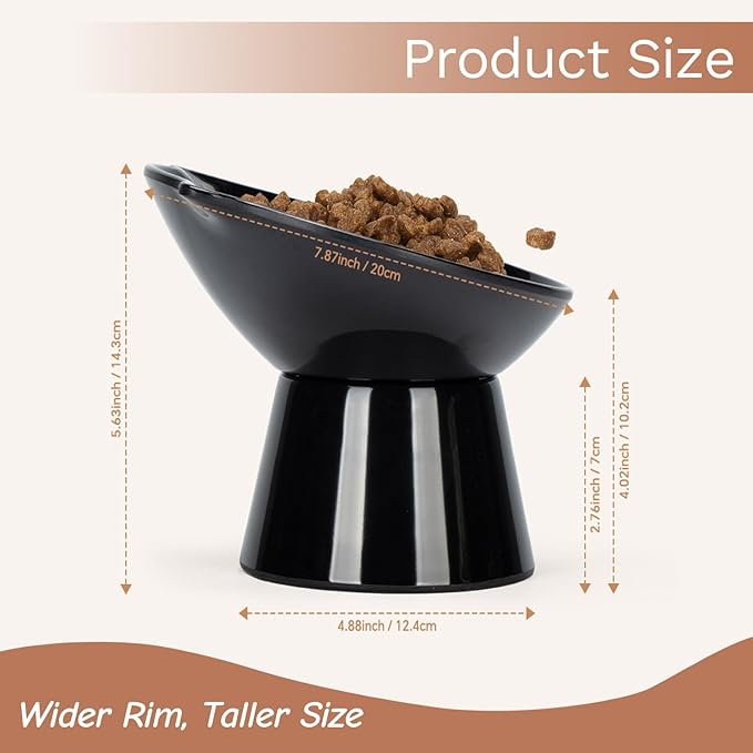 Detachable Slow Feeder Cat Bowl- Elevated Cats Feeder Tilted, 7 Inch Large Extra Wide Raised Cat Food Bowl Whisker Friendly, for Indoor Cats and Small Dogs Anti-Vomiting Black