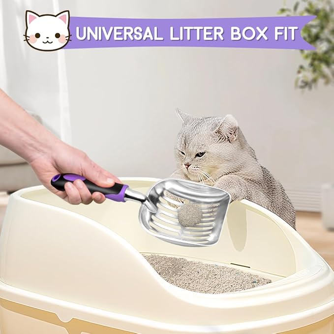 Cat Litter Scoop, Metal Cat Scooper, Rubber Handle Scoop, Sifting Shovel for Christmas – Heavy Duty Aluminum Alloy Litter Box Scoop with Deep Mesh, Design for Easy Waste Removal and Cleaning(Purple)
