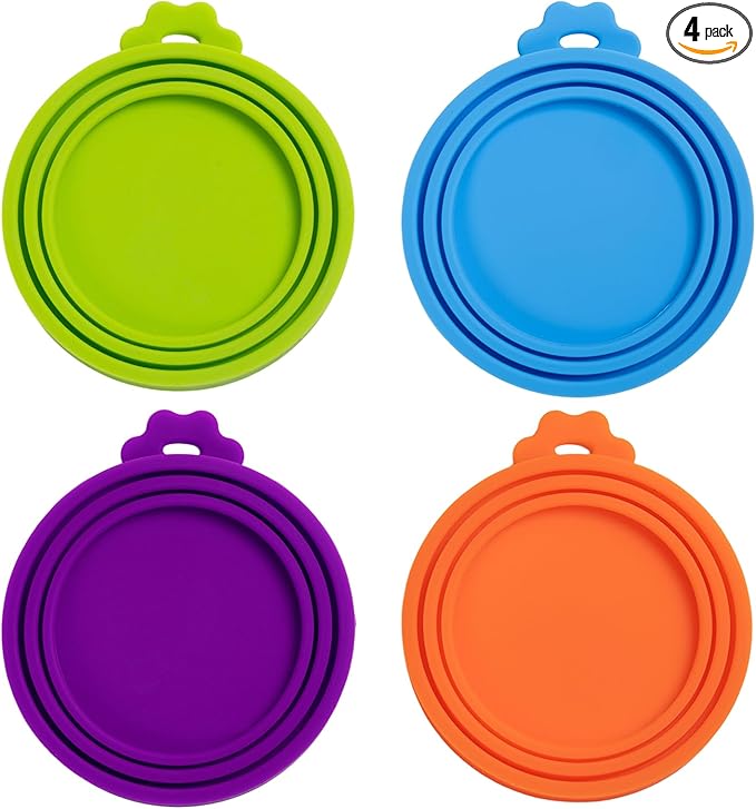 PINE & LINEN 4 Pcs Durable Pet Can Lids,One fit 3 Standard Size Silicone Waterproof Cat Food Cans Lids for 3oz/5.5oz/12.5oz/13.2oz Cat Food Cans（Sky Blue+Orange+Purple+Green）