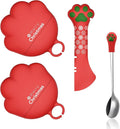 SJANE 4 Pcs Christmas Style Cat Food Can Spoon & Can Covers | Cute Paw Silicone Pet Food Tin Opener Spatula & Lids | Stainless Steel Wet Foodstuff Spoon for Cats and Dogs(Christmas Red)