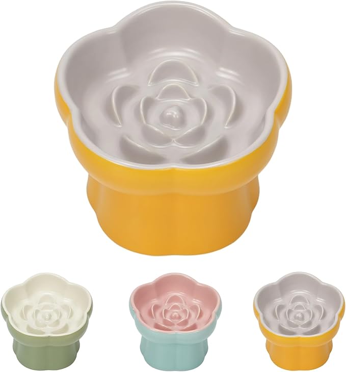 Cat Slow Feeder Flower-Shaped Ceramic Slow Feeder Cat Bowl, Tilted Raised Cat Slow Feeder Bowl for Whisker Relief, Prevents Vomiting & Bloating, Non-Slip Base, Cat Bowls for Dry and Wet Food