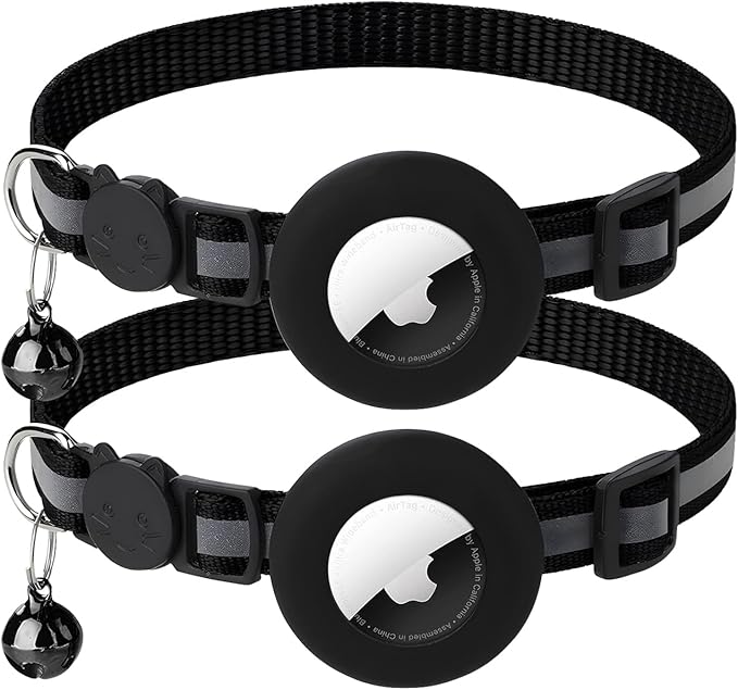 2 Pack Airtag Cat Collar with Bell, Reflective Nylon Kitten Collar with Apple Air Tag Holder and Breakaway Safety Buckle for Puppy Girl Boy Cats, 3/8" in Width and Lightweight, Black