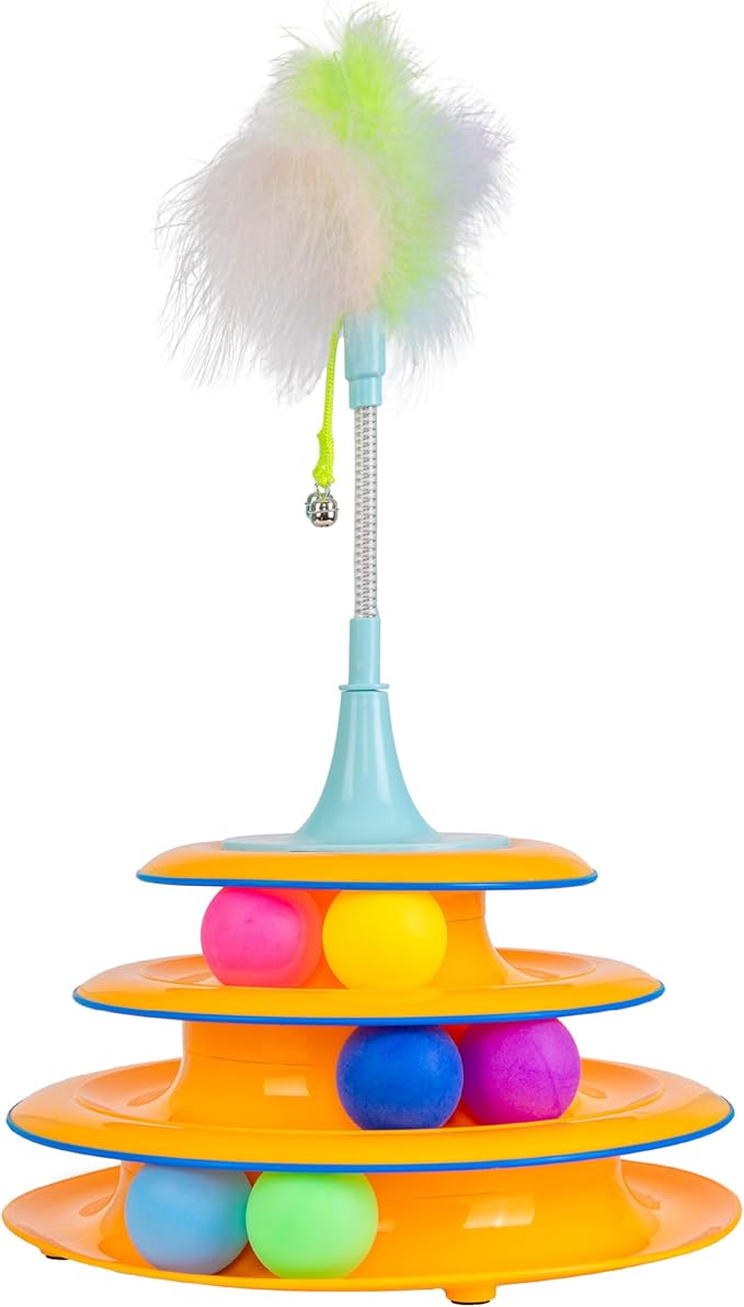 Catstages 2-in-1 Spring Teaser Cat Toy – Bouncy Interactive Cat Ball Track Add-On with Feathers & Bells, Blue