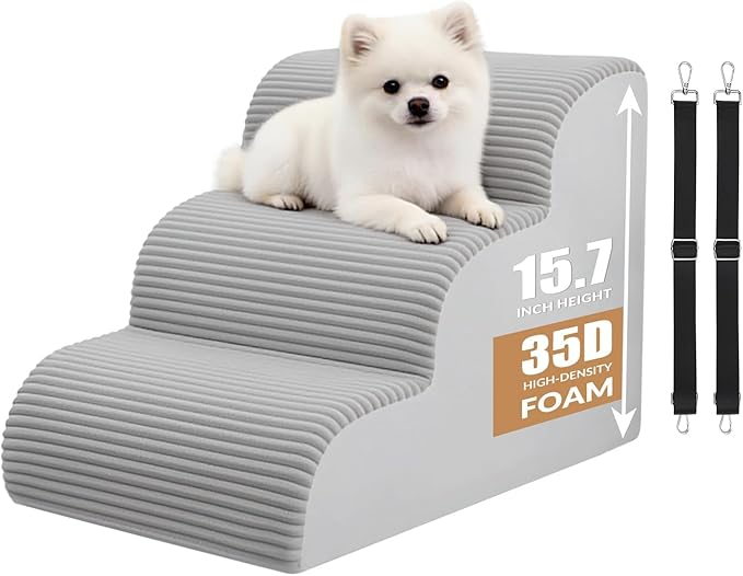 Dog Stairs for Couch and Chair,15.7" H 3-Step Pet Steps for Small Dogs and Cats, Non-Slip Sturdy Dog Ramp with Anti-Tip Safety Strap and Washable Cover,Balanced Ramp Indoor Pet Stairs