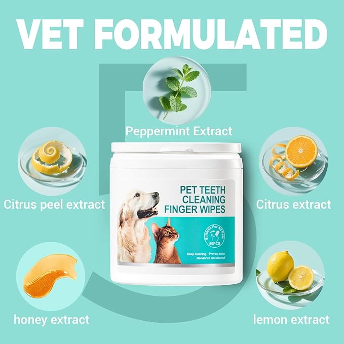 Teeth Cleaning Finger Wipes for Dogs & Cats，Dental Cleaning Wipes for Dogs and Cats，Pet Teeth Cleaning Finger Wipes，Reduces Plaque and Freshens Breath, Removes Tartar, Disposable Wet Wipes 50ct