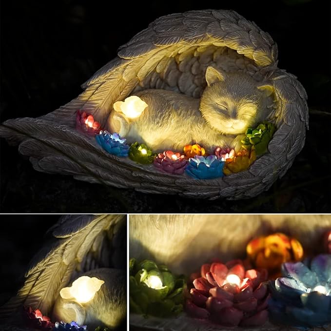 Cat Memorial Stone,Solar Angel Cat Statue Figurine - Pet Memorial Stone for Garden or Tombstone Commemoration (cat)