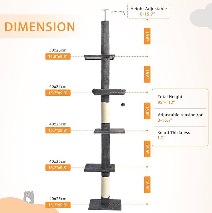 Floor to Ceiling Cat Tree, Cat Tower with Adjustable Height 98-110 Inches, 5 Tiers Tall Cat Tree Floor to Ceiling with Cozy Bed,Platforms, Sisal Scratching Posts for Cats Gray
