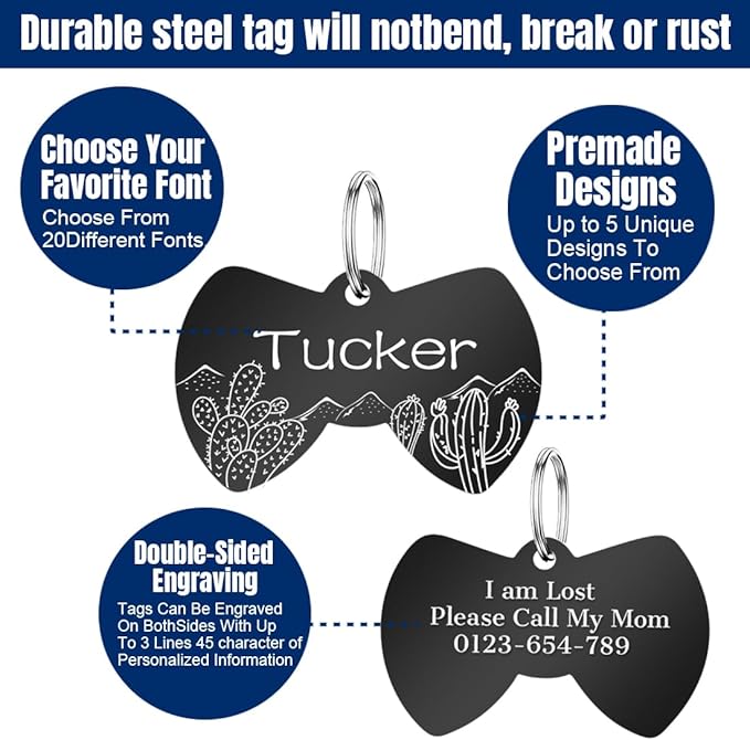 Personalized Dog Tags and Cat Tags, Stainless Steel Pet ID Tags, Collar Charm Engraved on Both Sides, up to 4 Lines of Custom Text, Various Patterns and Colors Options (Bowtie)
