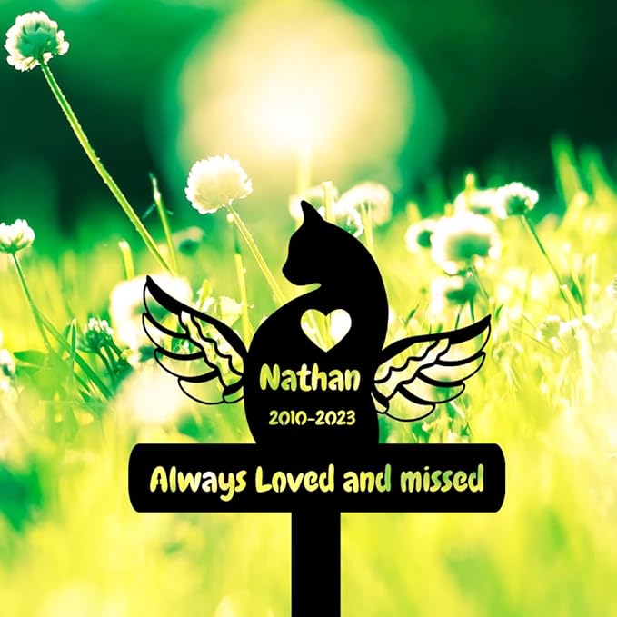 Personalized Cat Memorial Stake Outdoor Metal Memerial Plaque, Custom Pet Cat Memerial Grave Marker Remembrance Marker with Wings and Heart, Customized Animal Cat Memorial Garden Stake