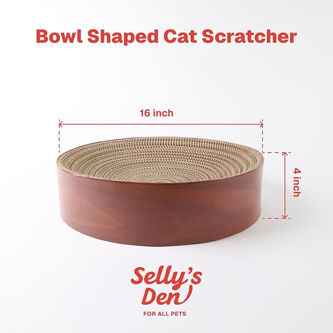 Selly's Den Bowl Shaped Cat Scratcher Round Cardboard Cat Bed and Scratcher in One, for Lounging and Scratching (16 inches)