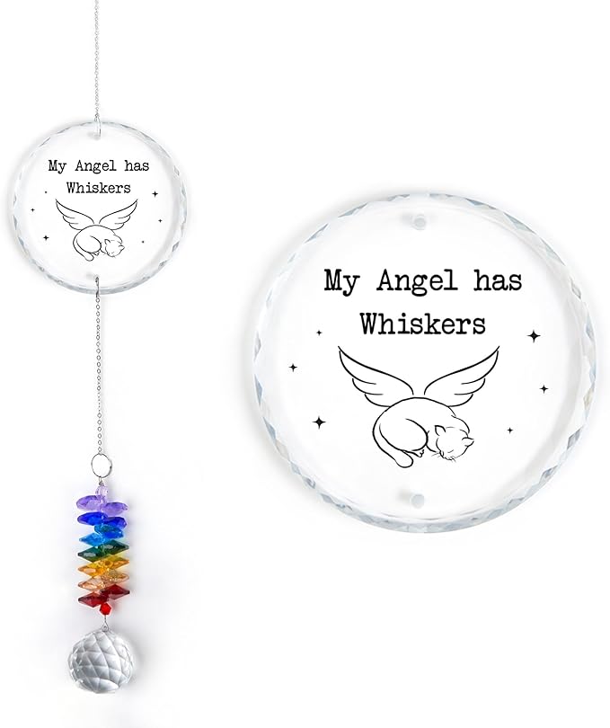 Glass Ornament Suncatcher - My Angel HAS Whiskers - Cat Memorial Sympathy Keepsake - Crystal Rainbow Maker for Cats Lovers - Mother's Day for Dog Cat Mom Dad Pet Owners