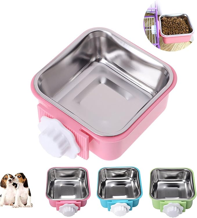 Love Dream Crate Dog Cat Bowls, Hanging Pet Cage Food Water Feeder with Removable Stainless Steel Bowls and Bolt Holder for Puppy Cat Rabbit Birds (Large, Pink)