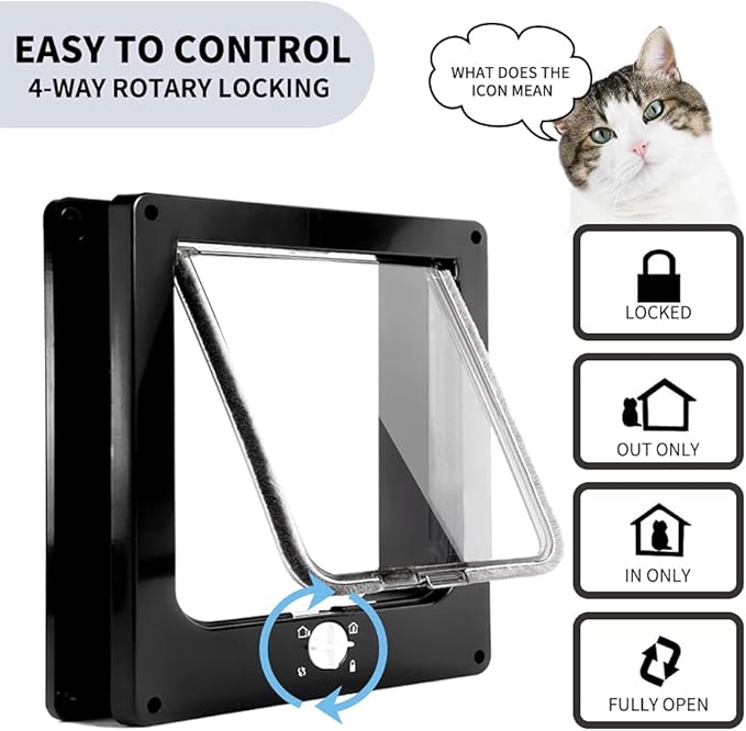 EASY JOY Cat Doors(Outer Size 8.6" x 7.5"), 4-Way Locking Cat Door for Interior Exterior Doors, Weatherproof pet Door with Magnet for Cat or Dog < 16.1 inches in Girth(Black M)