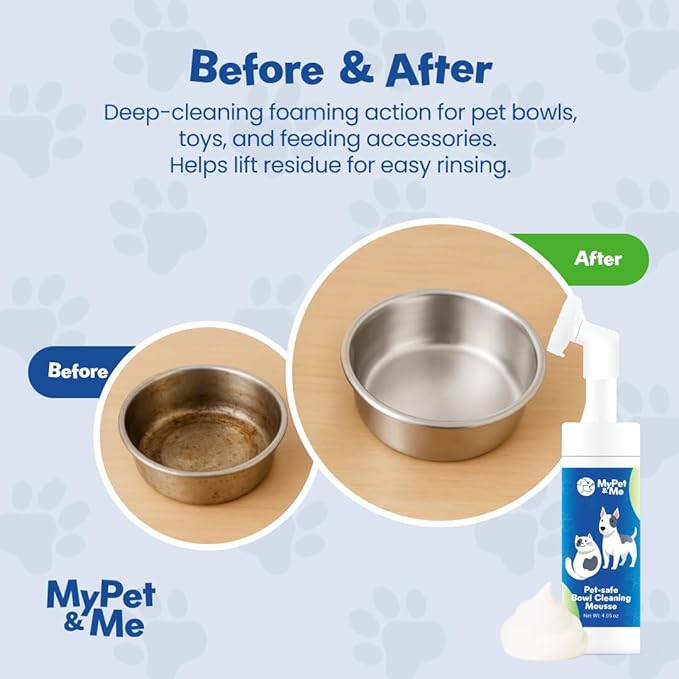 My Pet & Me - Pet Bowl Cleaner Mousse | 4.05 oz Vet Enzyme Formula | Gentle, Effective pet bowl & dog bowl cleaner | Lick-Safe, Residue-Free pet safe cleaner for Small Dogs,Cats,Toys, Fountains & More