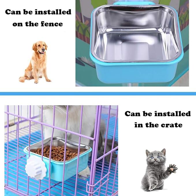 Love Dream Crate Dog Cat Bowls, Removable Stainless Steel Hanging Pet Cage, Food Water Feeder with Bolt for Puppy Birds 2 Pack with Silicone Sponge Dish Brush