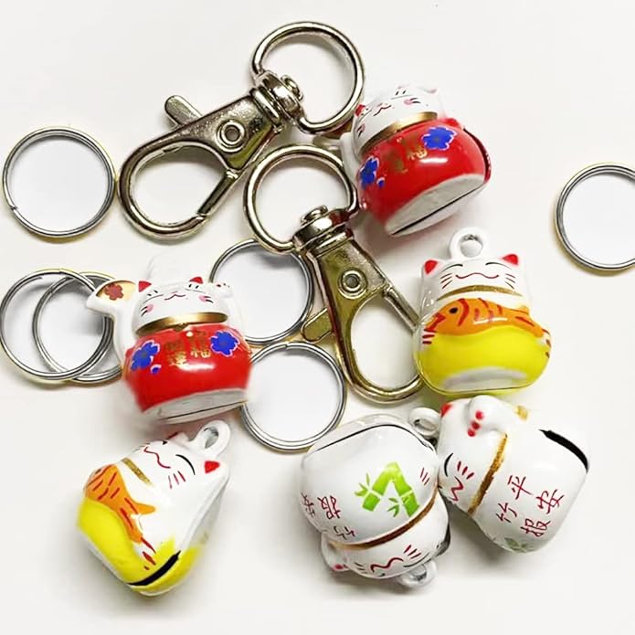 6 Pack Lucky Cat Collar Bells Loud Dog Collar Bells for Potty Training Necklace Pendant with Free Clips Key Rings White Red and Yellow