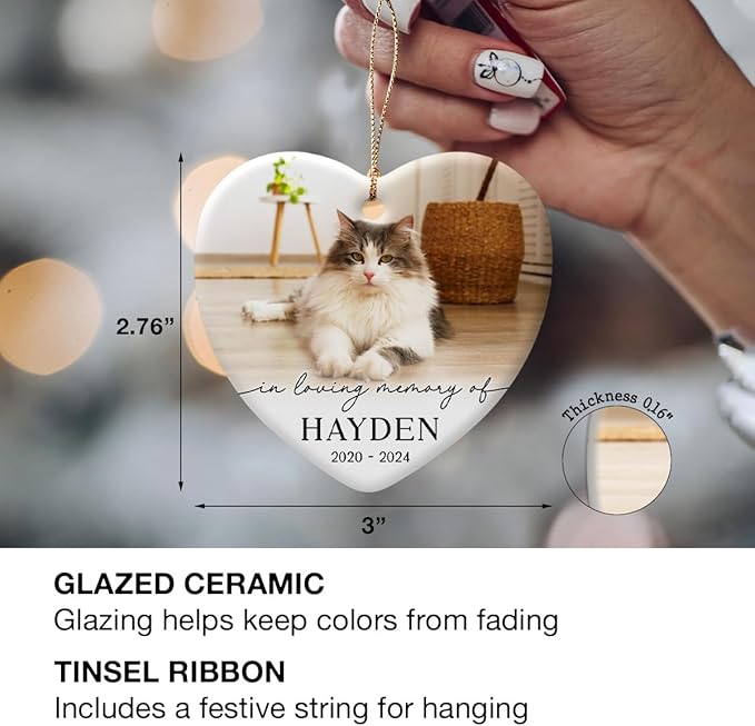 Cat Memorial Ornament - Personalized Ornaments for Loss of Cats - Custom Keepsake w/Name & Photo - in Loving Memory of Your Pets - Kitten, Cat Mom Death - Grief Gift for Pet Lover - Heart Shaped